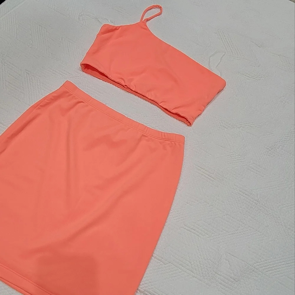 Salty 2 Peice Swimwear Resort Wear One Shoulder Crop Top Mini Skirt Coral L - Picture 2 of 14
